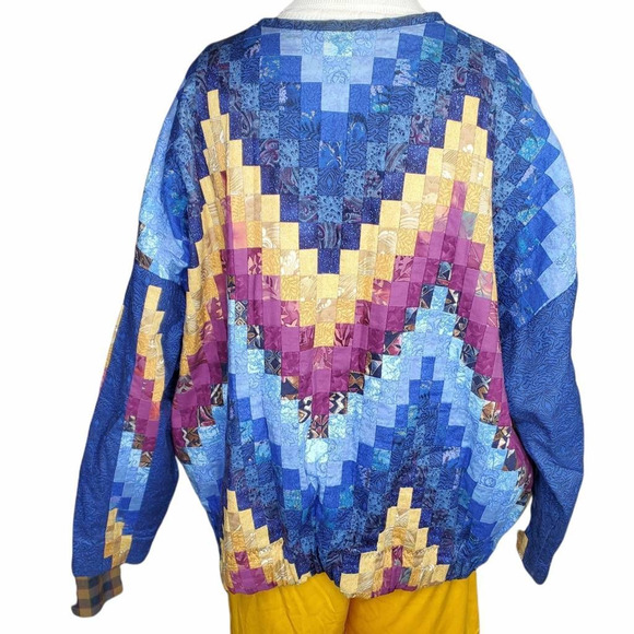Artisan Jacket Coat 'Women's Blue Yellow Patchwork Zip Lined Handcrafted Plus 4X - Picture 2 of 12